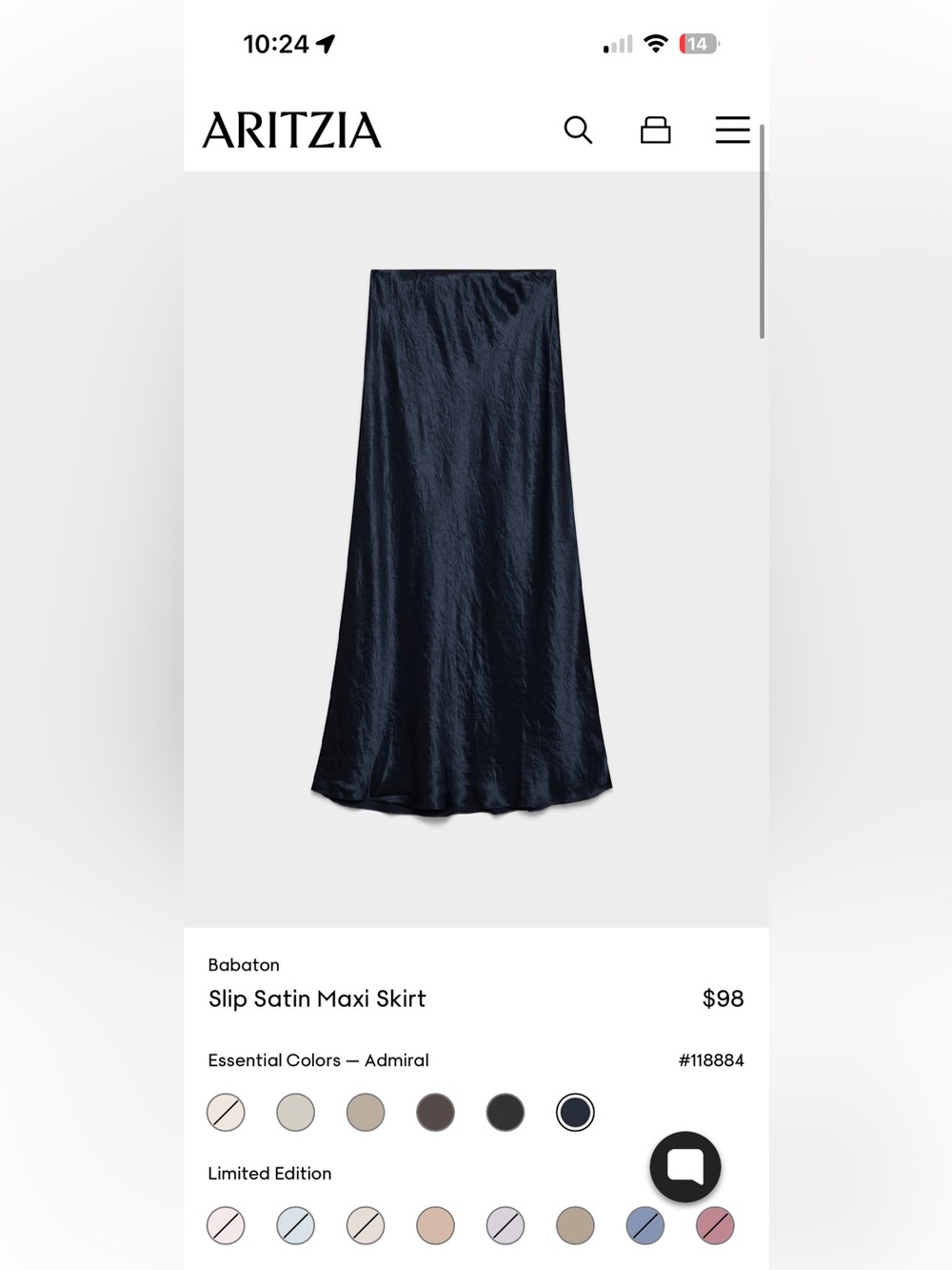 Aritzia Babaton Admiral Slip Satin Maxi Skirt